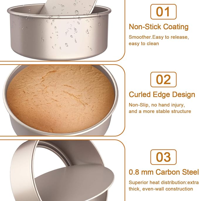 CHEFMADE Round Cake Pan, 8-Inch with Removable Loose Bottom | Nonstick carbon steel round baking pan, easy cleanup. Ideal for chiffon, angel food, and sponge cakes (Champagne Gold) - Image 4