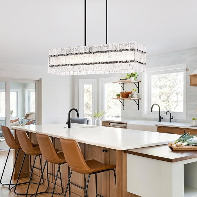 Modern Black Rectangle Water Ripple Glass Chandelier 6 Lights for Dining Room Kitchen Island Bar Living Room UL Listed L39.4 in - Image 6