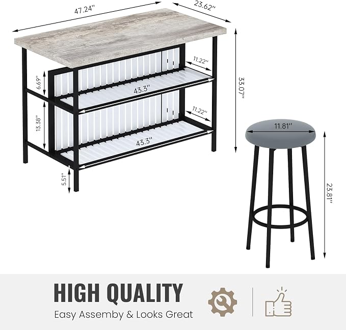 AWQM Kitchen Island with Seating & Storage Shelf, Modern Bar Table and Chairs Set for 2, Wooden Island Table for Kitchen, Dining Table Set for Small Space, Grey - Image 3
