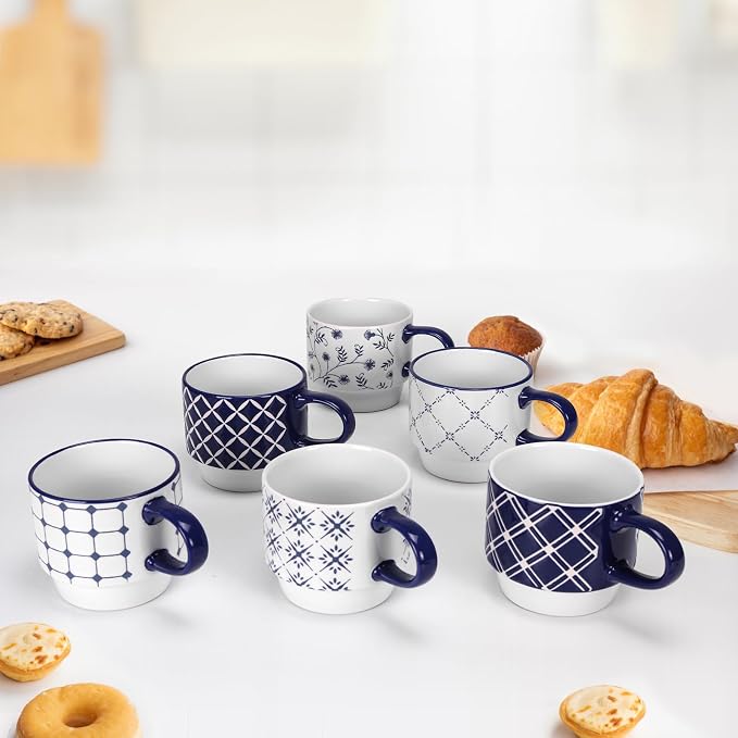Schliersee 12 OZ Stackable Ceramic Coffee Mugs set of 6, Geometric Floral Pattern Small Mug, Blue White Porcelain Coffee Mug, Stacking Coffee Mugs, Tea Mug, Water Cup, Dishwasher Safe, Microwave Safe - Image 7