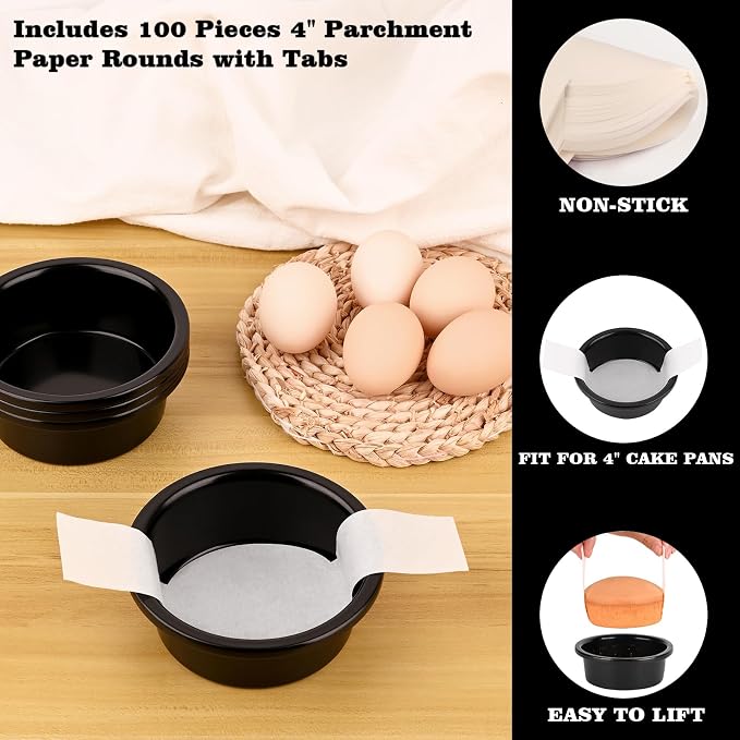 HUAKENER 4 Inch Cake Pan, 3 PCS Carbon Steel Round Cake Pans | Round Cake Pans with 100 Pieces Parchment Paper, Non-stick Cake Baking Pans, Dishwasher Safe - Image 4