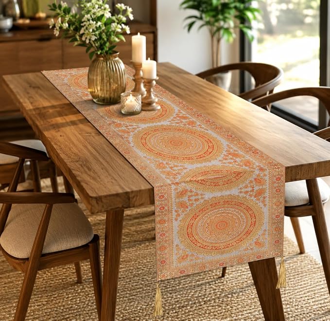 Indian Handmade Traditional Table Runner 72 x 16 Inch, Mandala Design Decorative Cloth with Tassels, Grey Ethnic Dining Runner for Kitchen, Wedding, Birthday Party and Festive Decor by Unknown