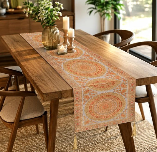 Indian Handmade Traditional Table Runner 72 x 16 Inch, Mandala Design Decorative Cloth with Tassels, Grey Ethnic Dining Runner for Kitchen, Wedding, Birthday Party and Festive Decor by Unknown