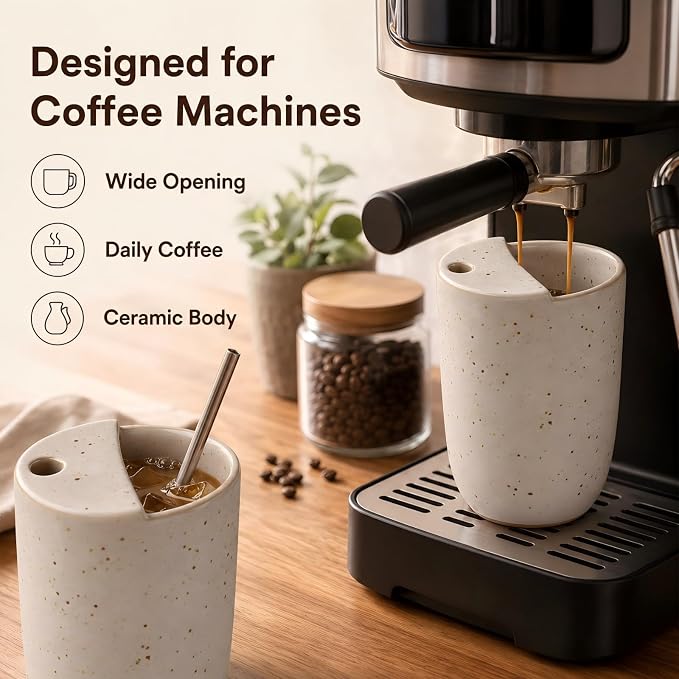 2 Pack Ceramic Coffee Mug with Sip Hole 9.5oz Retro Espresso Cup Travel Mug Hand-painted Porcelain Coffee Tea Cup Novelty for Kitchen Milk Juice Cappuccino Latte (Beige) - Image 3