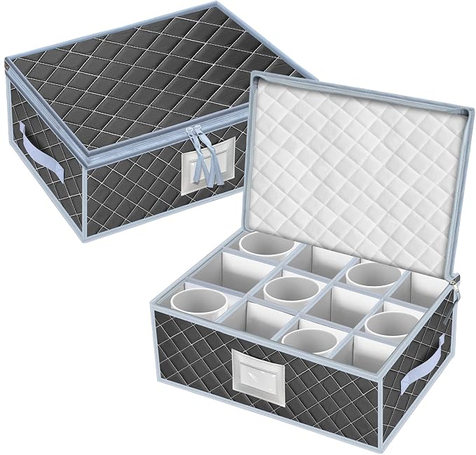 Mug and Cup Storage Box with Dividers - 2 Pack China Storage Bin Containers Holds 24 Glassware, Stackable Coffee Mug Organizer Bin and Tea Cup with 2 Metal Zipper,Label and Handles (Grey) by VERONLY