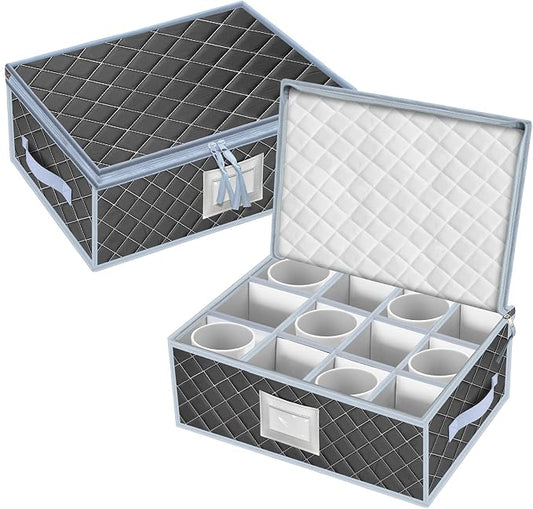 Mug and Cup Storage Box with Dividers - 2 Pack China Storage Bin Containers Holds 24 Glassware, Stackable Coffee Mug Organizer Bin and Tea Cup with 2 Metal Zipper,Label and Handles (Grey) by VERONLY