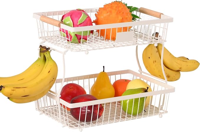 2 Tier Detachable Fruit Basket Bowl with 2 Banana Hangers, Fruit Stand Holder for Kitchen Countertop, Metal Wire Vegetable Storage Organizer, for Bread Snack Veggies Produce, White by Lawhood-Mijin