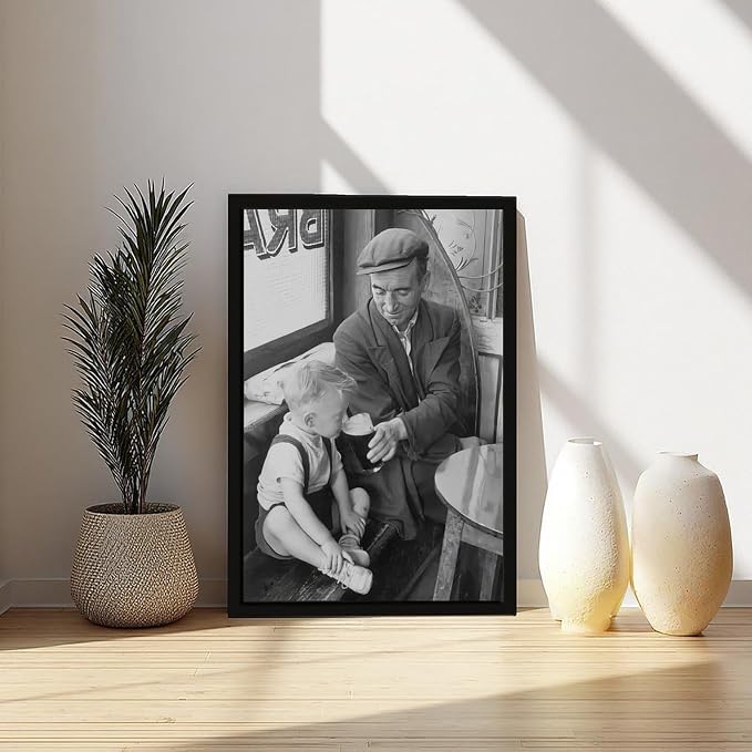 UXCBIA Boy Sipping First Beer, Father And Son at The Bar 1950s, Black And White Retro Pub Poster Canvas Poster Bedroom Decor Sports Landscape Office Room Decor Gift Black Frame 24x36in(60x90cm) - Image 6
