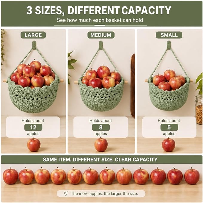 Honeydak Boho Decor Hanging Wall Baskets for Kitchen 3 Pack Teardrop Baskets with Hooks Storage Fruit Onion Vegetable Potato for Home(Sage Green,Lace,Cotton Rope) - Image 3