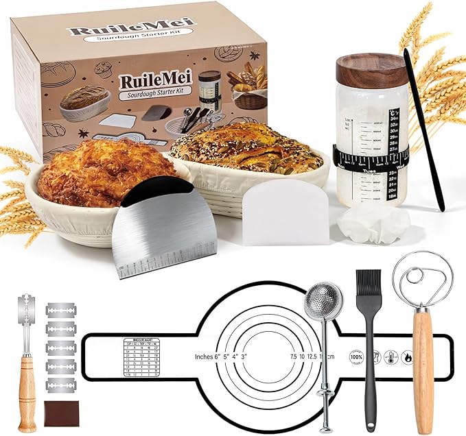 Sourdough Starter Kit,40oz Sourdough Starter Jar with Wooden Lid,2 Banneton Bread Proofing Baskets (9”Round & 10”Oval),Bread Making Supplies Tools,Sourdough Bread Baking Supplies,for Baking Beginners