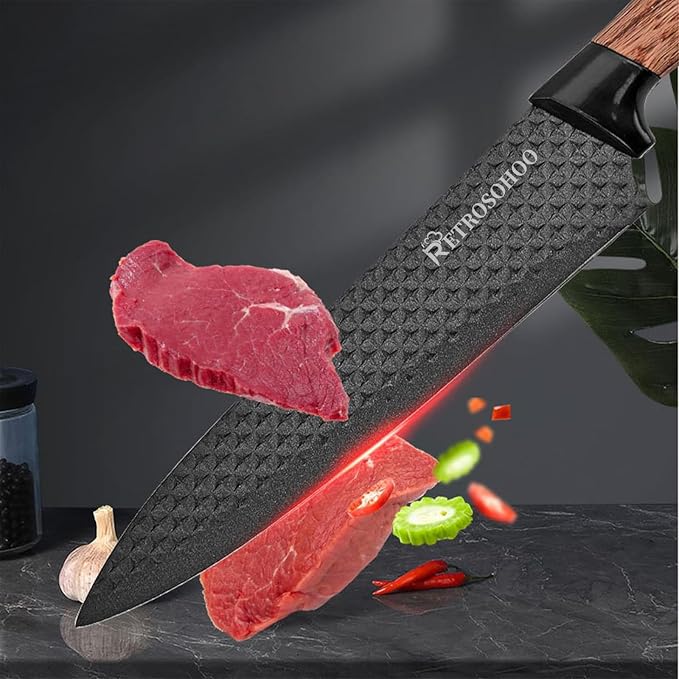 Kitchen Knife Set, Retrosohoo 6-Pieces Khaki Sharp Knife Block Set for Kitchen, Non-stick Non-slip Stainless Steel Chef Knife Set with Universal Knife Block Suitable for Home Restaurant (Black) - Image 4
