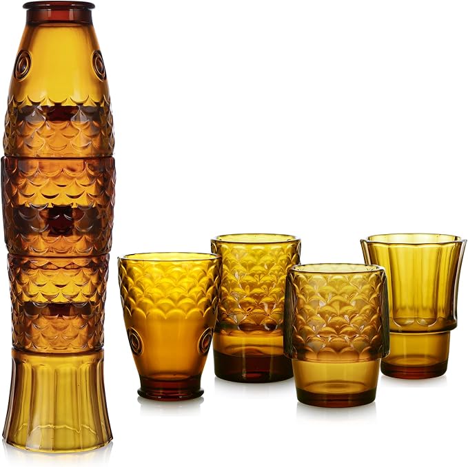 MDLUU Fish Design Tumbler Glasses, Stackable Drinking Glasses, Colored Glass Beverage Cups, Nautical Glassware for Gift, Set of 4 (Amber) by MDLUU