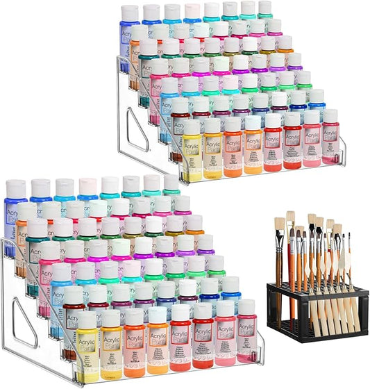 2 Pack 7 Layer Acrylic Paint Organizer & 1 Brush Holder,Model Display Shelf Miniature Paint Bottle Organizer Compatible with Citadel Paints,Others(2 pcs Clear Paints Storage Rack+1 Black Brush Holder)