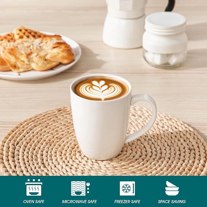 vancasso White Ceramic Coffee Mug Set of 6, 12 Oz Tea Cups with Handle for Latte, Tea, Cappuccino, Milk, Cocoa, Microwave&Dishwasher Safe - Image 4