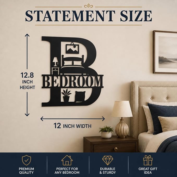 Bedroom Metal Wall Decor, Modern Farmhouse Room Sign, 14 Inch | 14-inch matte black metal BEDROOM sign with pre-drilled holes for bedrooms, guest rooms, dorms, and modern farmhouse decor. - Image 3