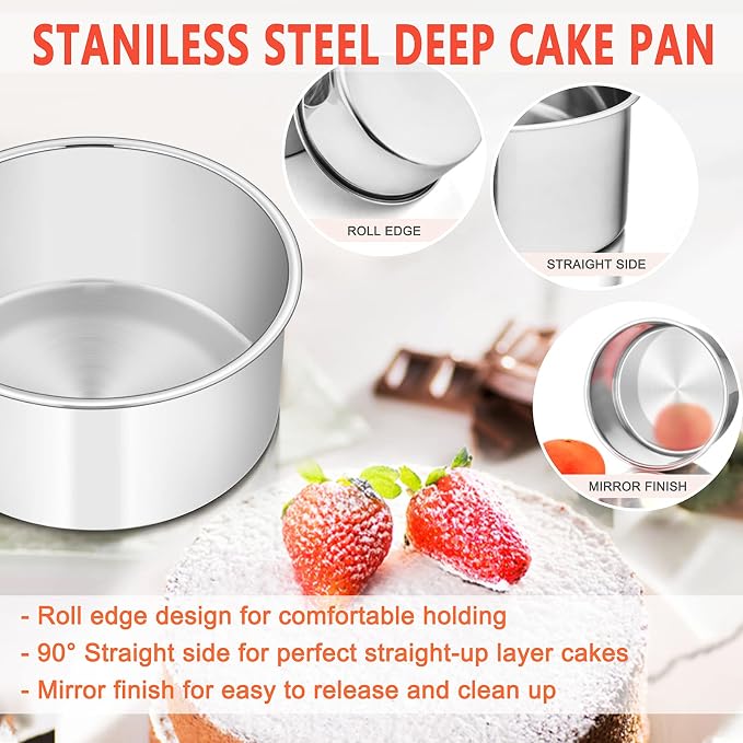 E-far Cake Pans Set of 3, 6 x 3 Inch Stainless Steel Round Cake Baking Pans Tins for Wedding Birthday, Deep Side & Non-toxic, Oven & Dishwasher Safe, Mirror Finish & Straight Side - Image 3