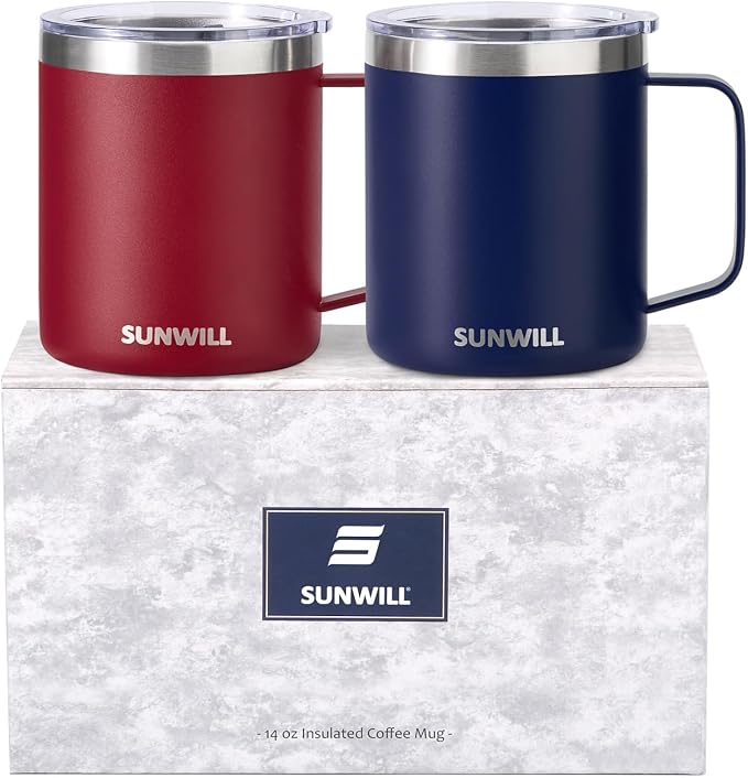 SUNWILL Travel Coffee Mug Set of 2, Insulated Tumbler with Lid, 14 oz Stainless Steel Cup with Handle for Camping, Office, Home, Powder Coated Navy Blue & Wine Red by SUNWILL