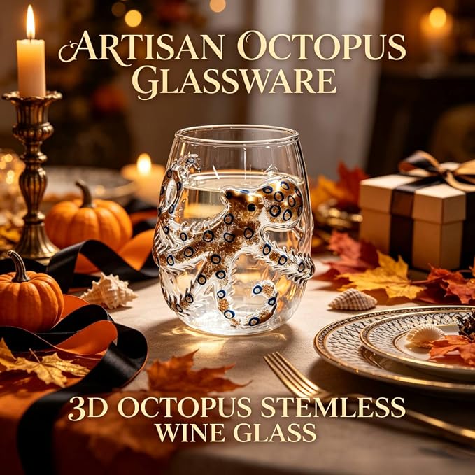 Artisanal Blue Ringed Octopus Glassware, 3D Octopus Stemless Wine Glasses | Handcrafted Marine Animal Bar Glass Collection, 12oz Octopus Drinking Cup for Cocktail, Ocean-Themed Coastal Home Decor Gift - Image 7