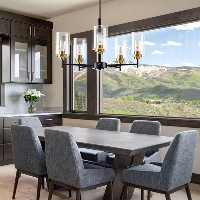 Kitchen Island Lighting - 5 Lights Modern Glass Chandelier for Dining Room, Farmhouse Pendant Light Over Table for Foyer Living Room Bedroom (Black and Gold) - Image 6