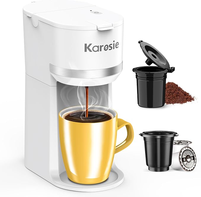 Single Serve Coffee Maker for Coffee Pods and Grounds,Fast Brew, 6-12 oz Brew Sizes Single Cup Coffee Maker Fits 5.5" Mugs,One-Button Small Coffee Maker,Descaling Reminder,White,9.45 Inches by Karosie