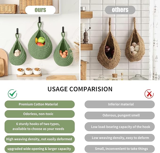 Boho Wall Hanging Fruit Baskets for Kitchen 3 Pack Woven Produce Holder with 6 Pcs Strong Hooks Vegetable Hanging Basket for Organizing Teardrop Home Wall Potato Onion Storage, Green - Image 3