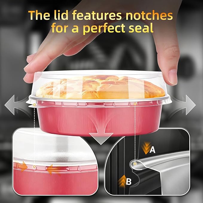 Beasea 120 Pack Disposable Ramekins with Lids, 7.3oz Grapefruit Pink Aluminum Foil Mini Pie Tins Pans Small Baking Cups, Round 4 inch Individual Cake Pans Tin for Creme Brulee Cheesecake Tart Pie - Image 4