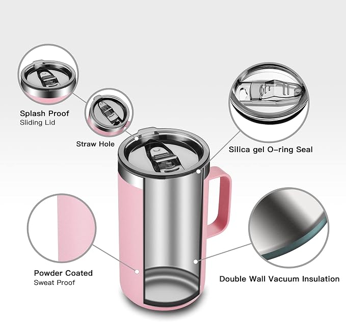 KXIAOCHEN 2-Pack 20 oz Insulated Coffee Mugs, Coffee Cups with Wide Handles | 18/8 stainless steel, sliding lids, 6+ hours hot or 12+ hours cold, wide mouth, no-sweat, for office, home, camping and gifts - Image 6