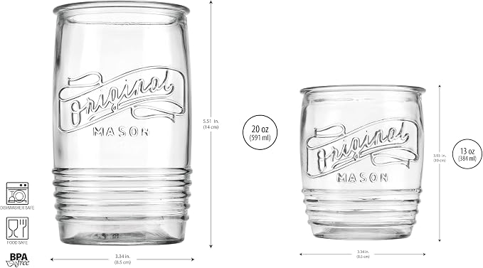 Glaver's Original Mason Set of 8 Drinking Glasses 4-20 Oz Highball Glasses, and 4-13 Oz Whiskey Glass Cups For Everyday Home Use Water, Beer, Juice, Cocktail. - Image 4