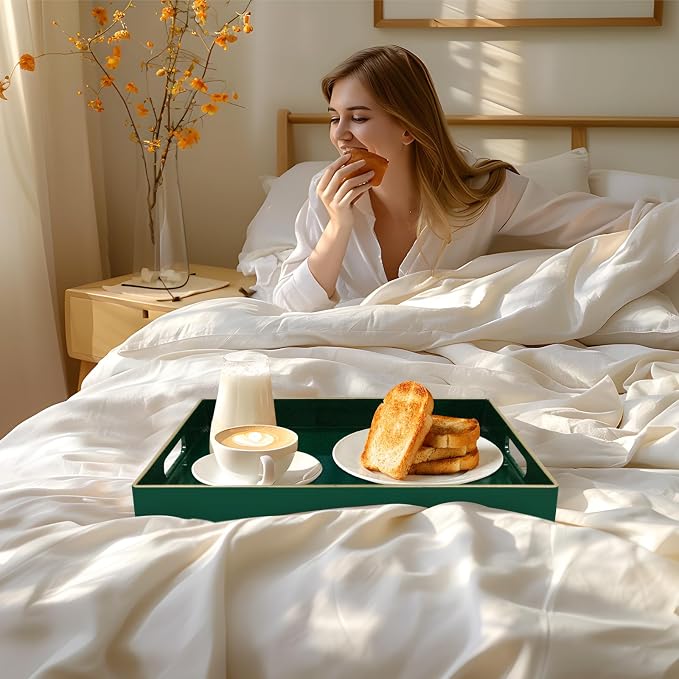 MAONAME Dark Green Decorative Tray for Ottoman, Serving Tray with Handles | Plastic Coffee Table Tray, Modern Melamine Tray, Rectangle Countertop Organizer Tray for Living Room, 15.8"L x 10.2"W x 1.4"H - Image 6