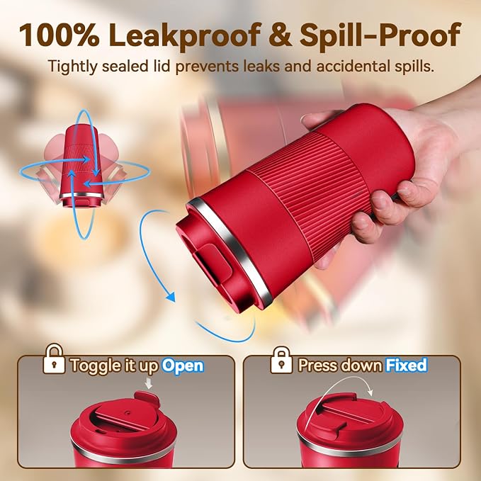12OZ Travel Coffee Mug Insulated Coffee Cup with Spill Leak Proof Lid, Portable Stainless Steel Tumbler Reusable Hot and Cold Water Mug for Car, Daily, Camping- Red - Image 5