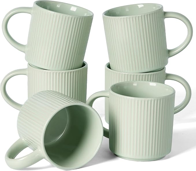 famiware Coffee Mug Set for 6, Star 12 oz Catering Mugs Cup Set with Handle for Coffee, Tea, Cocoa, Milk- Ceramic Stoneware Drinkware Set, Light Green by Famiware