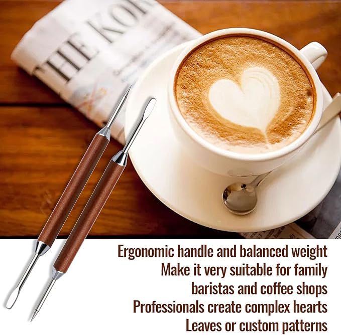 Rosewood Handle Latte Art Pen - Professional Stainless Steel Coffee Drawing Tool for Baristas & Home Coffee Lovers, Cappuccino Espresso Foam Design Carving Needle
