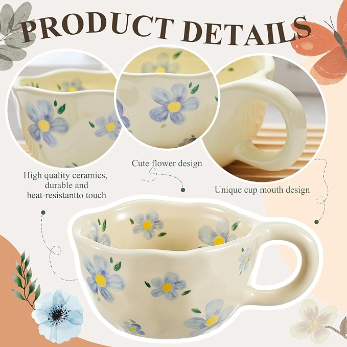 Vesici 4 Pack Ceramic Flower Coffee Mug with Spoon 8.5 oz, Cute Aesthetic Tea Cups with Handle for Tea, Milk, Latte Mugs for Coffee Bar Women Birthday Housewarming Gifts, Dishwasher Microwave Safe - Image 4