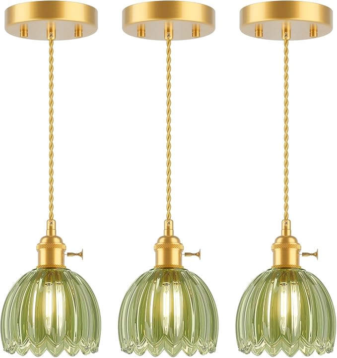 Ralbay Vintage Pendant Lights Kitchen Island,Green Tulip Glass Shade,3Packs | Mini Pendant Light Fixture with Switch,Adjustable Brass Hanging Light for Bedroom, Dining Room, Hallway,Bar - Image 9