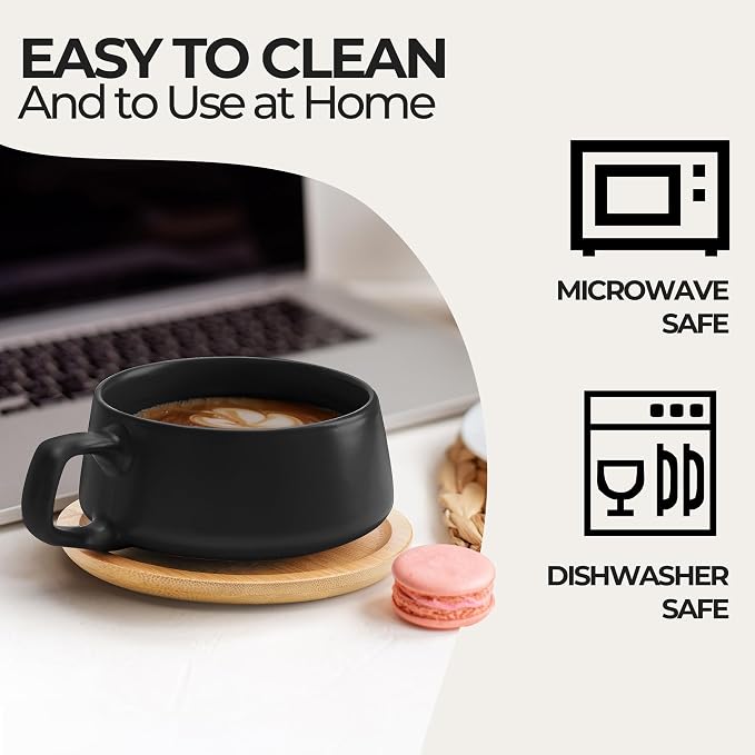 MIAMIO - Cappuccino Cup Set of 4, Ceramic (11oz), Wide - Luxe (Black) | Ceramic cappuccino cups and saucers, wide latte cups and mugs for Americano, 4-piece set of ceramic cups, dishwasher safe - Image 4