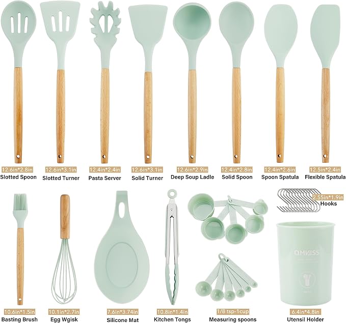 QMVESS Silicone Kitchen Utensils Set, 35 Pcs Non-Stick Cooking Utensils Set, Sturdy Insulation Wooden Handle Kitchen Accessories for Cooking with Spatula Set and Spoons Set Gadgets (Light Green) - Image 7