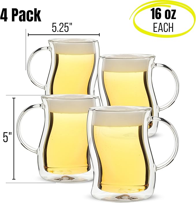 BTaT Double Walled Glass Beer Mugs, 4 Pack, 16 oz(500 ml), Freezer Safe, Stein Style
