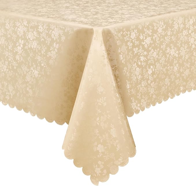 Smiry Rectangle Waterproof Heavy Duty Vinyl Tablecloths, 60 x 102 Inch | Wipeable Washable Floral Embossed Table Cover for Kitchen and Dining Room, Indoor & Outdoor Use, Champagne by Smiry
