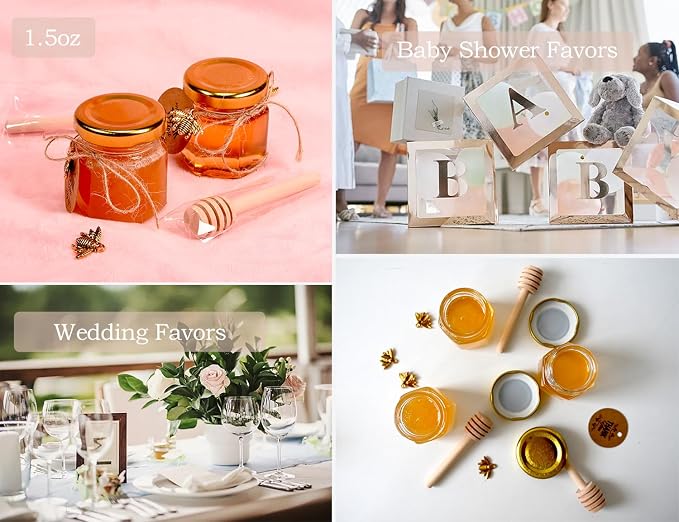 Adabocute Honey Pot, Glass Honey Jars, Small Honey Jars with Wooden Dippers, Bee Charms, Gold Gift Bags and Jutes Lids, Mini Honey Jars Baby Shower Favors, 1.5oz 40 Pack - Image 7