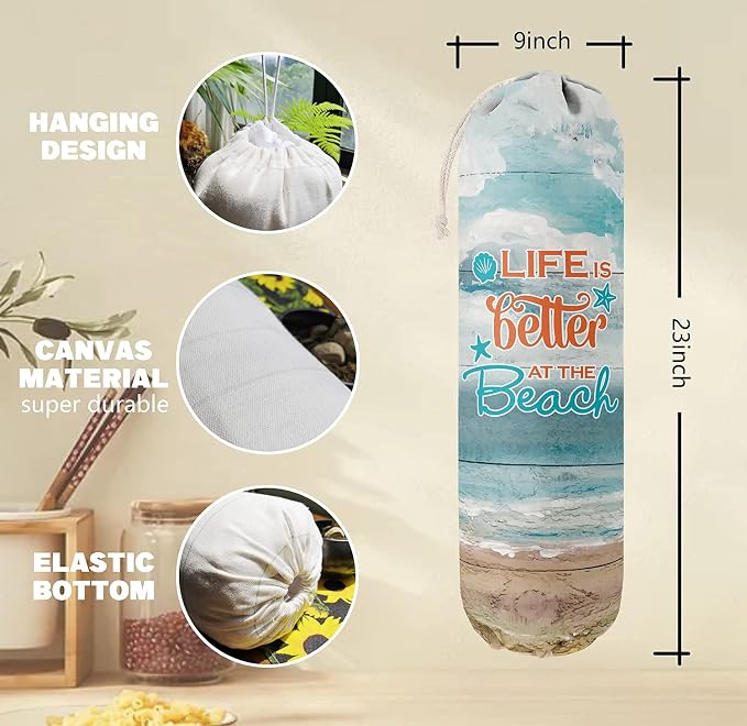 Life is Better at The Beach, Grocery Bags Holder Organizer for Shopping Bags，Wall Mount Plastic Bags Storage Container Dispensers, Gift for Women Mother Grandmother Friend - Image 3