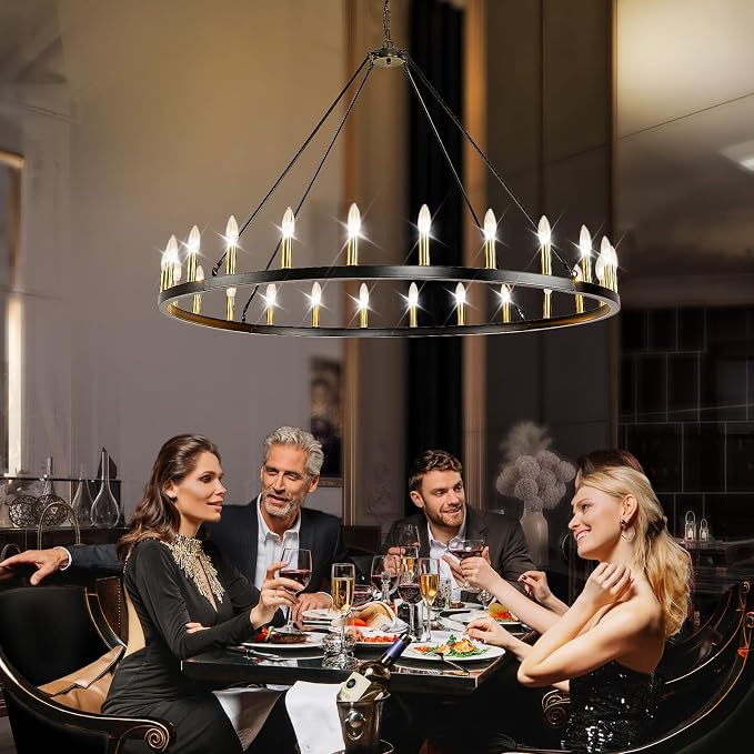 WJShome 24-Light Wagon Wheel Chandelier Farmhouse, 54" Extra Large Chandeliers for High Ceilings, Round Chandeliers for Dinning Room, Entryway, Foyer, Living Room（Black & Gold） - Image 2