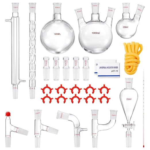 VEVOR Lab Distillation Kit, 3.3 Boro Lab Glassware Distillation Kit with 24, 40 Joint, 1000ml Essential Oil Distillation Apparatus Kit, 29 pcs Set of Glassware Equipment - Image 9