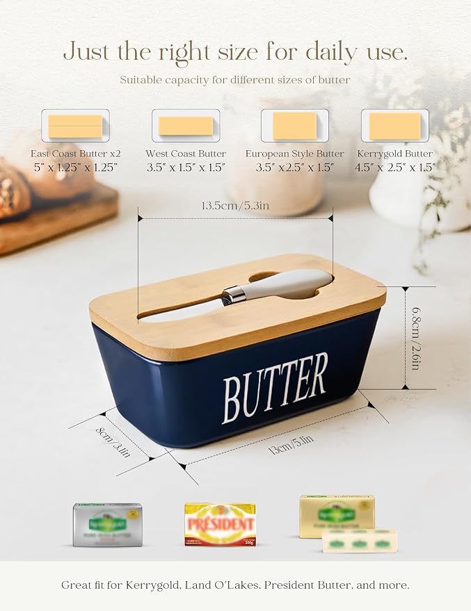 Ceramic Butter Dish with Lid and Knife & Silicone Seal for Countertop Blue | Suitable Capacity, Great Sealing, Home Decor Kitchen Gift Housewarming Gift - Image 2