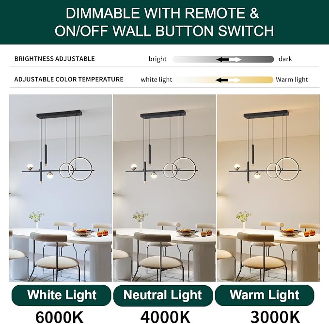 ORANOOR LED Modern Chandeliers, 39inch Dimmable Black Gold Pendant Lighting | Kitchen Pendant Lighting Over Island, Linear Ring Globe Chandelier Light Fixtures for Dining Room Lights Ceiling Hanging ﻿ - Image 3