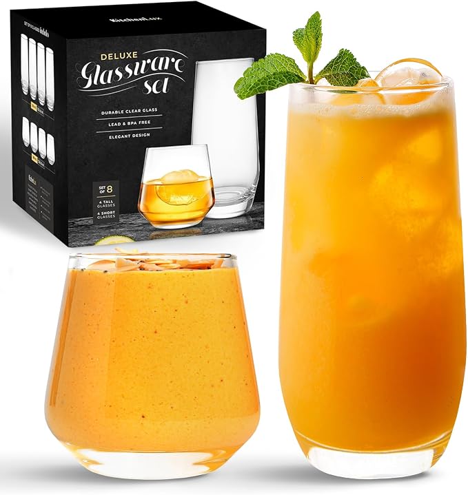 Kitchen Lux Drinking Glasses Set of 8 - Highball Tumbler & Rocks Drinkware | 4 Tall (18.5oz) & 4 Short (12.8oz) Glass Cups - Elegant Glassware Sets for Sparkling Cocktails, Wine, Beer, Whiskey by KitchenLux