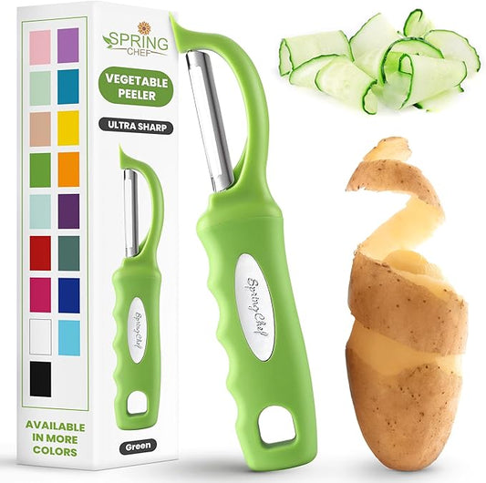 Spring Chef Swivel Vegetable Peeler for Kitchen w/Soft Grip Handle, Green | Premium Potato Peeler w/ Ultra Sharp Stainless Steel Blades, Multifunctional Veggie Peeler for Apple, Carrot, Cucumber, Fruit by SpringChef