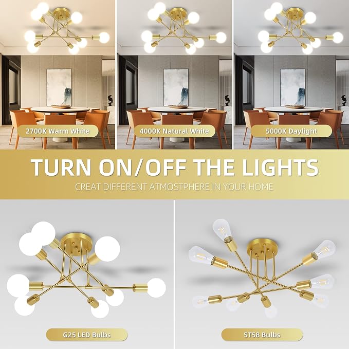 CANMEIJIA Modern Sputnik Chandelier, 8-Light Ceiling Light Fixture Mid Century Gold Chandelier for Bedroom Living Room Dining Room Kitchen, E26 Base, Bulbs Not Included - Image 4