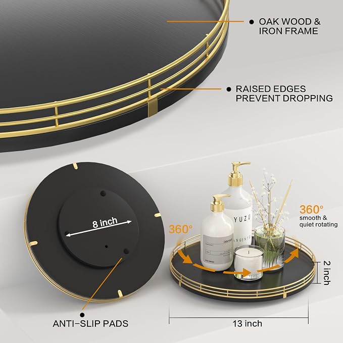 Oroyutor 13-Inch Oak Lazy Susan Vanity Tray with Gold Metal Rail | Rotating oak tray organizes spices, toiletries and decor on kitchen counters, bathroom vanities, dining and coffee tables. - Image 6