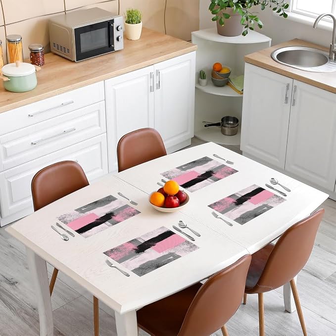 Feelyou Light Pink Black Grey White Placemats Set of 4 for Kids Boys Girls Abstract Placemat for Kitchen Dining Table Decor Indoor Outdoor 18"x12" Ombre Modern Table Place Mats, Decor Buffalo Check - Image 3