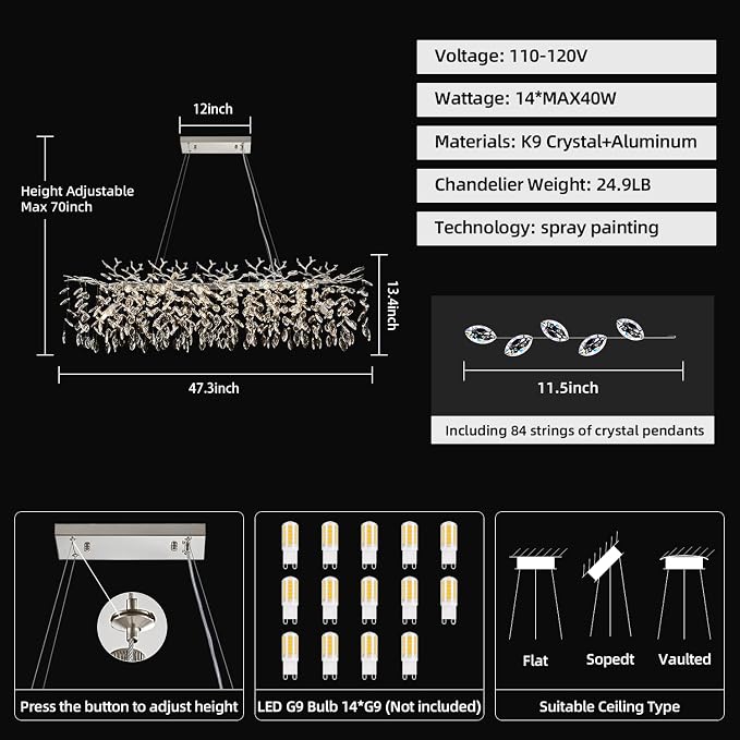 Chrome Rectangular Chandelier Modern Crystal Tree Branch Chandelier | 14 Lights Luxury Raindrop Chandeliers 47.3" Hanging Pendant Light Fixtures for Dining Room Kitchen Island Living Room - Image 3